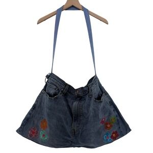 Handmade Levi's Denim Shoulder Bag OOAK Rework Jeans Purse Floral Boho Large 26"
